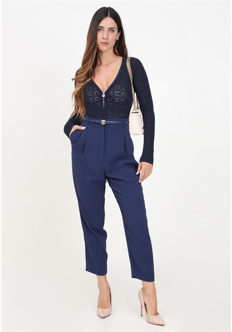 Pantalone elegante blu da donna con cintura e ricamo ELISABETTA FRANCHI | PA02846E2B75